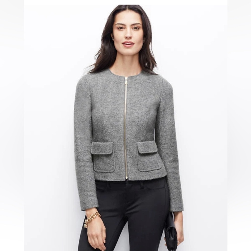 NWT Ann Taylor Smokey Gray Boiled Wool Zip Front Pocket Jacket